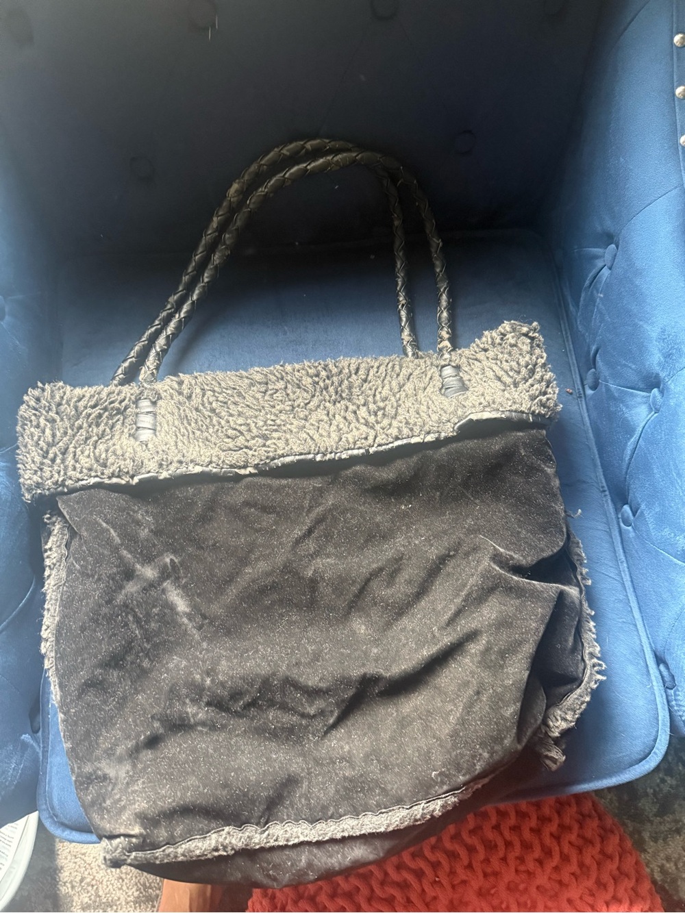 Women's Black Faux-Sherpa Tote Bag
